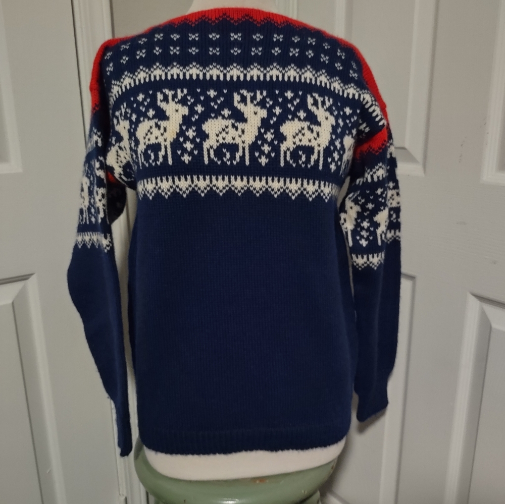 Vintage Viking Knit Blue and Red Boatneck Sweater with Nordic Pattern Size Small